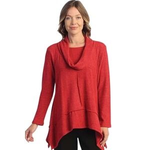Jess & Jane 1X Cowl Neck sweater w/ Tank Tunic Top Hi-Low Hem Long Sleeve Red 1X